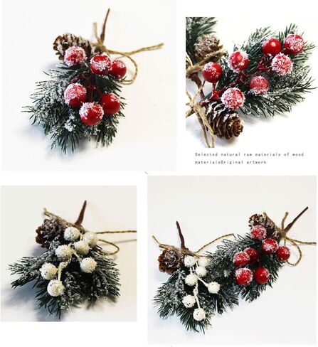 SUFUBAI 20 Pack Artificial Pine Picks, Christmas Berry Picks Mini Holly Stem Snowy Pine with Berries Pine Cones for Xmas Flower Arrangements Wreaths and Holiday Decorations Red+white, 15cm in Saudi Arabia