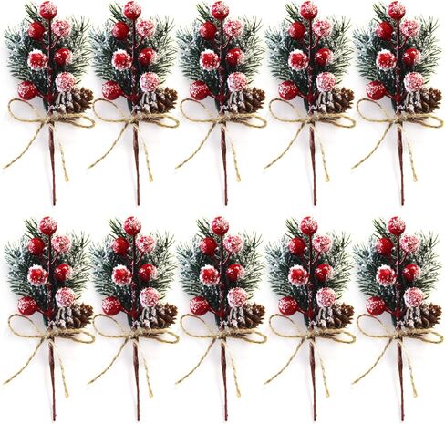 SUFUBAI 20 Pack Artificial Pine Picks, Christmas Berry Picks Mini Holly Stem Snowy Pine with Berries Pine Cones for Xmas Flower Arrangements Wreaths and Holiday Decorations Red+white, 15cm in Saudi Arabia