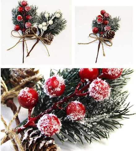 SUFUBAI 20 Pack Artificial Pine Picks, Christmas Berry Picks Mini Holly Stem Snowy Pine with Berries Pine Cones for Xmas Flower Arrangements Wreaths and Holiday Decorations Red+white, 15cm in Saudi Arabia