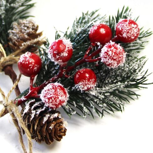 SUFUBAI 20 Pack Artificial Pine Picks, Christmas Berry Picks Mini Holly Stem Snowy Pine with Berries Pine Cones for Xmas Flower Arrangements Wreaths and Holiday Decorations Red+white, 15cm in Saudi Arabia