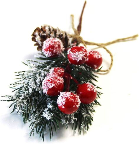 SUFUBAI 20 Pack Artificial Pine Picks, Christmas Berry Picks Mini Holly Stem Snowy Pine with Berries Pine Cones for Xmas Flower Arrangements Wreaths and Holiday Decorations Red+white, 15cm in Saudi Arabia