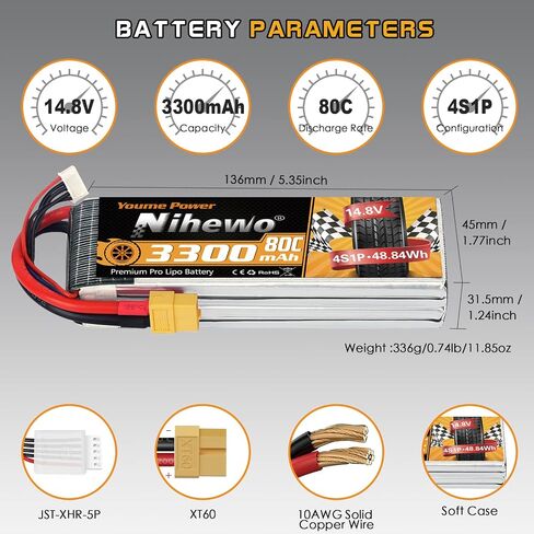 Nihewo 2packs 11.1V Lipo Battery، 3S Lipo Battery 3300mAh 80C XT60 موصل متوافق مع محوري E-flite RC طائرة هليكوبتر كوادكوبتر سيارة شاحنة مركبة نماذج قارب in Saudi Arabia