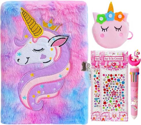 Luolizon Unicorn Diary للفتيات والأطفال دفتر يوميات لطيف مع قفل، مذكرات قطيفة للفتيات منفوشة، عيد ميلاد، عيد الميلاد، مجموعة هدايا السنة الجديدة للفتيات مع محفظة ملصقات أقلام متعددة الألوان in Saudi Arabia