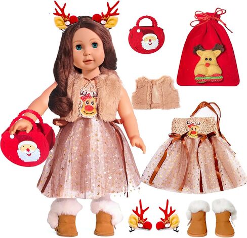 مجموعة ملابس الدمية مقاس 18 بوصة - أزياء عيد الميلاد مع أحذية وأغطية للرأس وحقيبة هدايا إلك in Kuwait