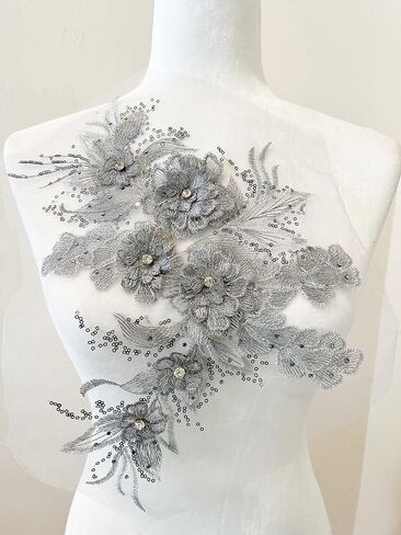 PEPPERLONELY 3D Beaded Flower Sew on Embroidered Lace Applique Wedding Dress Bride's Gown Headdress Adornment DIY Patch Clothing Accessories, 13.5 x 8.5 Inches, Pink in Kuwait