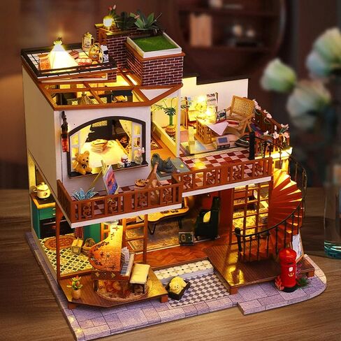طقم بيت الدمى المصغر والأثاث من Roroom DIY، نموذج حرفي صغير ثلاثي الأبعاد لبيت الدمية الخشبية مع غطاء مقاوم للغبار ومصباح LED، فكرة غرفة إبداعية لهدية عيد ميلاد عيد الحب (F-032) in Kuwait