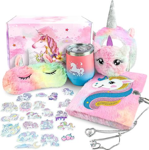 ليناي صندوق هدايا يونيكورن للبنات، هدايا يونيكورن للبنات من سن 5-8 سنوات مع مذكرات قفل وشريط راس وقناع عين وزجاجة مياه وسوار هدايا الكريسماس واعياد الميلاد للاطفال، سلة يونيكورن للبنات in Kuwait