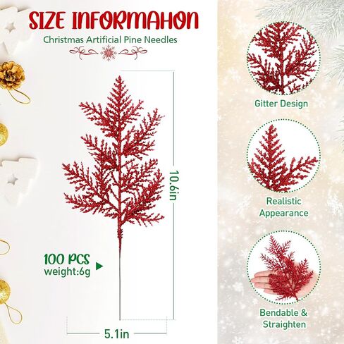Hotop 100 Pcs Christmas Glitter Pine Needles 10.6 Inches Pine Stems Picks DIY Christmas Garland Wreath Decor Artificial Pine Branches for Xmas Winter Home Centerpieces Party Decoration(Green) in Saudi Arabia