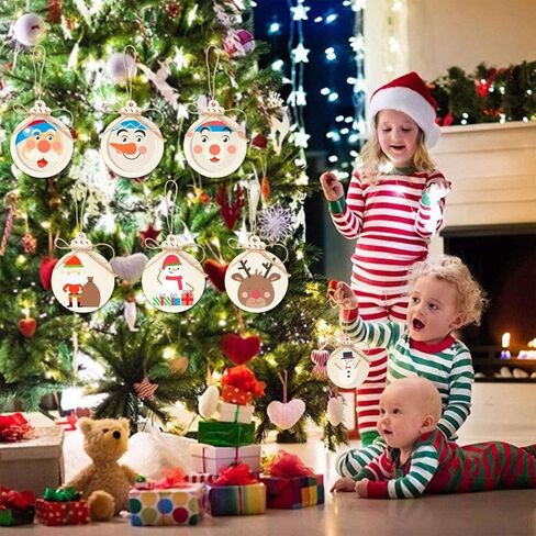 عبوة من 60 قرص خشبي دائري مع فتحات، شرائح خشب طبيعي ليستنمان غير مكتملة مثقوبة مسبقًا مع 60 قطعة من الخيوط المجدولة، رقائق خشبية مسطحة لتزيين شجرة الكريسماس والفنون والحرف اليدوية المعلقة in Kuwait