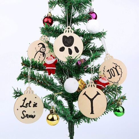 عبوة من 60 قرص خشبي دائري مع فتحات، شرائح خشب طبيعي ليستنمان غير مكتملة مثقوبة مسبقًا مع 60 قطعة من الخيوط المجدولة، رقائق خشبية مسطحة لتزيين شجرة الكريسماس والفنون والحرف اليدوية المعلقة in Kuwait