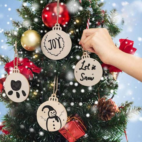 عبوة من 60 قرص خشبي دائري مع فتحات، شرائح خشب طبيعي ليستنمان غير مكتملة مثقوبة مسبقًا مع 60 قطعة من الخيوط المجدولة، رقائق خشبية مسطحة لتزيين شجرة الكريسماس والفنون والحرف اليدوية المعلقة in Kuwait