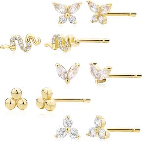 CHESKY Cubic Zirconia Gold Stud Earrings, Hypoallergenic Earrings Set for Women 14K Gold/Silver Plated Small CZ Studs Earrings Multipack Trendy Women Tragus Cartilage Earrings for Multiple Piercing