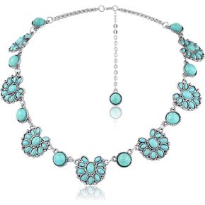 Turquoise Collar Necklace Long Necklaces for Women Western Jewelry Silver Boho Necklace Pendant Choker Necklaces with Buckle for Women