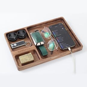 SeedWave Wooden Valet Tray, Nightstand Organizer EDC Tray for Men, Walnut Catchall Tray for Phone, Jewelry, Watch, Accessories, Gift for Him, Gift for Dad