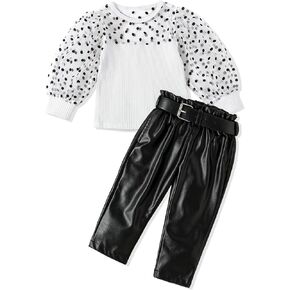 ملابس الفتيات الصغيرات من Fommy، ملابس الفتيات بأكمام طويلة منتفخة شبكية + بنطال جلدي من البولي يوريثان طقم ملابس للفتيات مكون من قطعتين in Kuwait