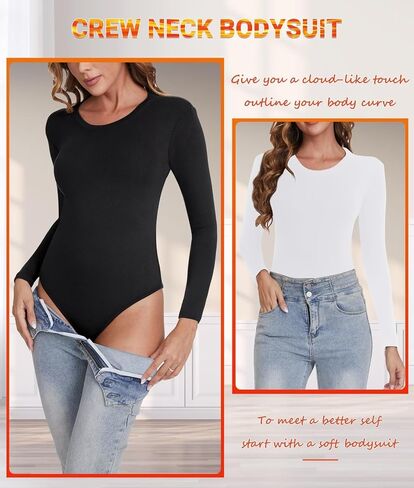 KDF Long Sleeve Bodysuit for Women, Crew Neck Fleece Lined Bodysuit Top Women Thick Stretch Tops Jumpsuit with Tummy Control in Kuwait