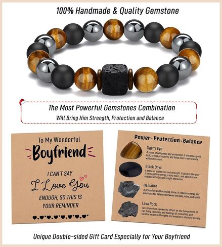 TONY & SANDY Natural Stone Bracelet for Boy, Son, Grandson, Nephew, Brother, Boyfriend, Husband, Grandpa, Uncle, Dad - Anniversary Birthday Christmas Valentines Gifts for Teens Boys Men in Kuwait