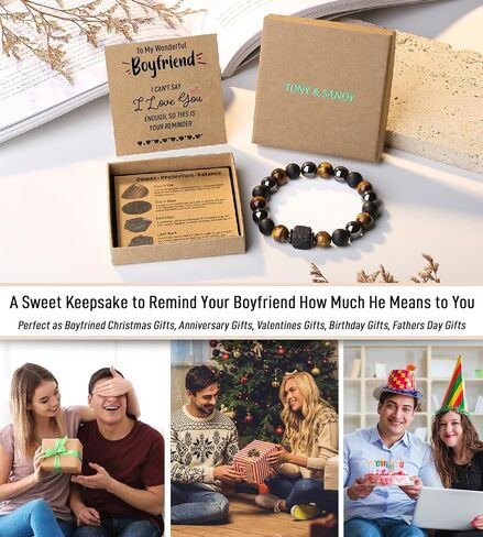 TONY & SANDY Natural Stone Bracelet for Boy, Son, Grandson, Nephew, Brother, Boyfriend, Husband, Grandpa, Uncle, Dad - Anniversary Birthday Christmas Valentines Gifts for Teens Boys Men in Kuwait