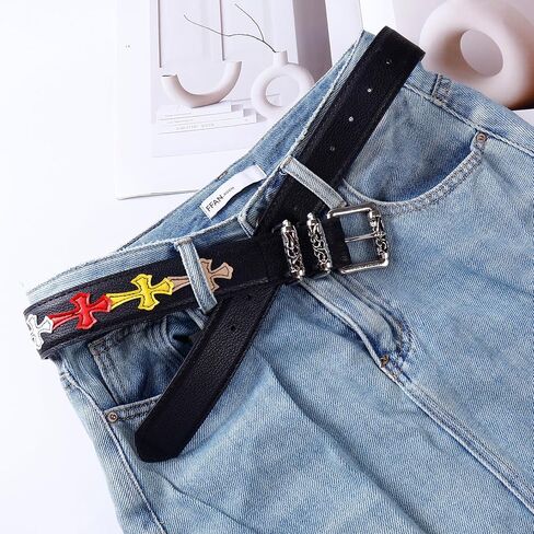 حزام كروس عصري كلاسيكي بتصميم بانك قوطي من الكروم للجينز من سراجتكر، اسود، يناسب مقاس 24 انش - 34 انش in Kuwait