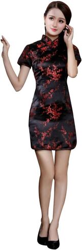Cheongsam Dress for Women Qipao Slim Fit Short Sleeve Bodycon Mandarin Collar Side Slit Chinese Floral Print Dragon Dress in Kuwait
