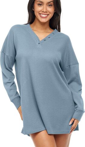 Alexander Del Rossa Women's Soft Ribbed Waffle Rib Knit Oversized Sleep Shirt, V-neck Night Shirt Sweater Top in Saudi Arabia