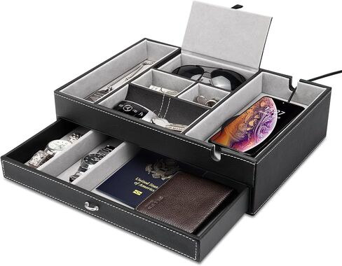 Baoyun Mens Valet Tray, Nightstand Organizers for Men, Leather Jewelry Storage Box Bedside Table Organizer EDC Catch All for Jewelry Key Wallet and Phone in Kuwait