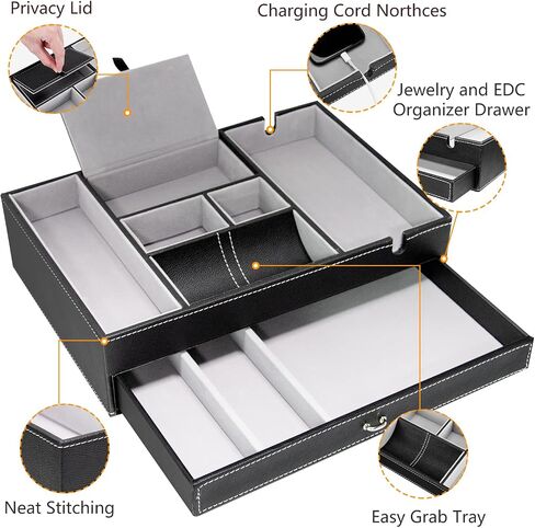 Baoyun Mens Valet Tray, Nightstand Organizers for Men, Leather Jewelry Storage Box Bedside Table Organizer EDC Catch All for Jewelry Key Wallet and Phone in Kuwait