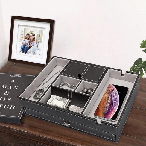 Baoyun Mens Valet Tray, Nightstand Organizers for Men, Leather Jewelry Storage Box Bedside Table Organizer EDC Catch All for Jewelry Key Wallet and Phone in Kuwait