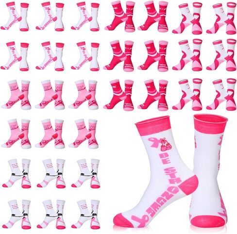 Toulite 30 Pairs Breast Cancer Awareness Socks Pink Crew Socks Bulk Pink Ribbon Soft Breast Cancer Socks for Women Survivor Gifts in Saudi Arabia