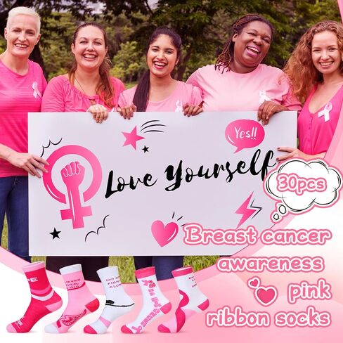 Toulite 30 Pairs Breast Cancer Awareness Socks Pink Crew Socks Bulk Pink Ribbon Soft Breast Cancer Socks for Women Survivor Gifts in Saudi Arabia