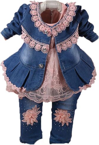 Yao 6M-4Y Infant 3Pcs Baby Girls Clothes Set Toddler Casual Outfits Lace Dress Jacket and Jeans in Saudi Arabia