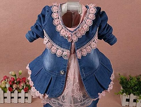 Yao 6M-4Y Infant 3Pcs Baby Girls Clothes Set Toddler Casual Outfits Lace Dress Jacket and Jeans in Saudi Arabia