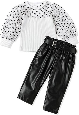 ملابس الفتيات الصغيرات من Fommy، ملابس الفتيات بأكمام طويلة منتفخة شبكية + بنطال جلدي من البولي يوريثان طقم ملابس للفتيات مكون من قطعتين in Kuwait