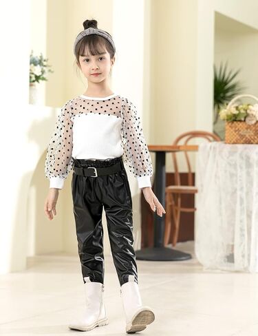 ملابس الفتيات الصغيرات من Fommy، ملابس الفتيات بأكمام طويلة منتفخة شبكية + بنطال جلدي من البولي يوريثان طقم ملابس للفتيات مكون من قطعتين in Kuwait