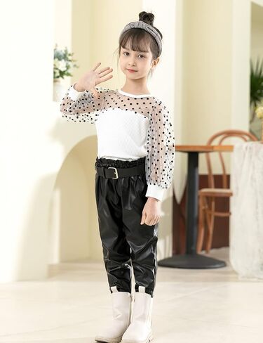 ملابس الفتيات الصغيرات من Fommy، ملابس الفتيات بأكمام طويلة منتفخة شبكية + بنطال جلدي من البولي يوريثان طقم ملابس للفتيات مكون من قطعتين in Kuwait