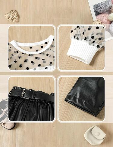 ملابس الفتيات الصغيرات من Fommy، ملابس الفتيات بأكمام طويلة منتفخة شبكية + بنطال جلدي من البولي يوريثان طقم ملابس للفتيات مكون من قطعتين in Kuwait