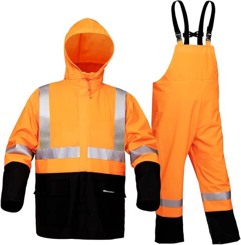 HAOKAISEN Rain Suit for Men Heavy Duty Workwear Waterproof Hi Vis Reflective Rain Jacket with Bib Pants in Kuwait