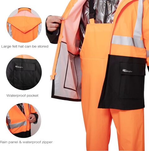 HAOKAISEN Rain Suit for Men Heavy Duty Workwear Waterproof Hi Vis Reflective Rain Jacket with Bib Pants in Kuwait