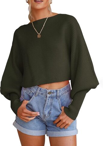 سترة نسائية محبوكة غير رسمية من Dowerme 2023 بأكمام طويلة على شكل جناح الخفاش متينة وناعمة وفضفاضة مضلعة بلوفر علوي in Kuwait