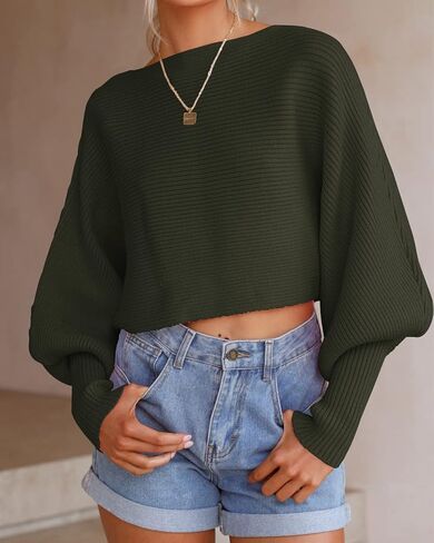 سترة نسائية محبوكة غير رسمية من Dowerme 2023 بأكمام طويلة على شكل جناح الخفاش متينة وناعمة وفضفاضة مضلعة بلوفر علوي in Kuwait