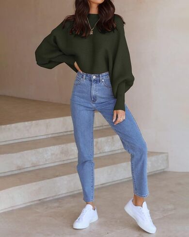 سترة نسائية محبوكة غير رسمية من Dowerme 2023 بأكمام طويلة على شكل جناح الخفاش متينة وناعمة وفضفاضة مضلعة بلوفر علوي in Kuwait