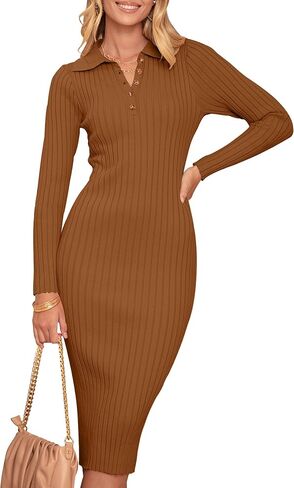 MEROKEETY Womens 2023 V Neck Ribbed Sweater Dress Long Sleeve Bodycon Knit Midi Dresses in Kuwait