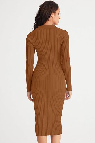 MEROKEETY Womens 2023 V Neck Ribbed Sweater Dress Long Sleeve Bodycon Knit Midi Dresses in Kuwait