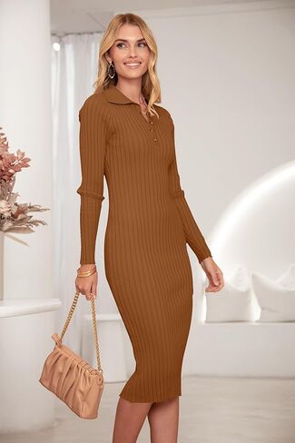 MEROKEETY Womens 2023 V Neck Ribbed Sweater Dress Long Sleeve Bodycon Knit Midi Dresses in Kuwait