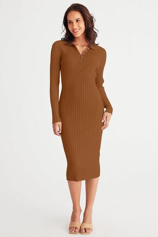 MEROKEETY Womens 2023 V Neck Ribbed Sweater Dress Long Sleeve Bodycon Knit Midi Dresses in Kuwait