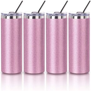 PYD Life 4 Pack 20 oz Sublimation Straight Skinny Tumbler Glitter Pink with Metal Straw, Double Walled Stainless Steel Travel Coffee Tumbler Cups, Sublimation Tumblers for Heat Transfer