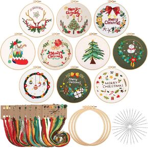 جنين مجموعة تطريز الكريسماس مكونة من 10 قطع مع أنماط وتعليمات للكريسماس، مجموعة خياطة متقاطعة للكريسماس، مجموعة تطريز للمبتدئين البالغين مع ابر قماشية حلقية وخيوط ملونة in Kuwait