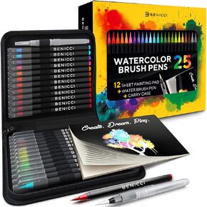 Artist Watercolor Brush Pens Set of 26 Vibrant Markers with Bonus 1 Water Brush Pen 25 Colors Flexible Nylon Tips Paper Pad & Carry Case Non-Toxic Safe & Fun Watercolors in Kuwait