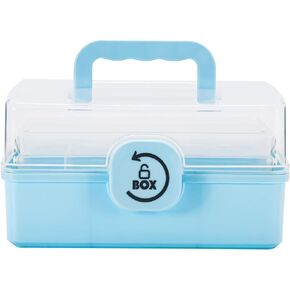 Sooyee Craft Organizers and Storage,Plastic Box with 3-Tier Fold Tray and Handle,Portable Lockable Container for Arts, Crafts,Cosmetic, Sewing, Toy, Washi Tape, Lego,13.4x7.5x8.9 in,Clear/White