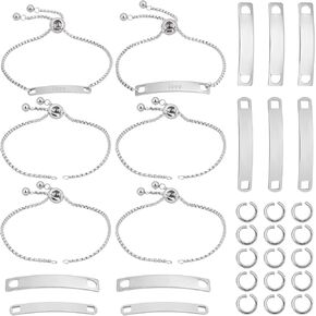 UNICRAFTALE 2 Colors 8Set Engravable Bracelets DIY Kit Including Rectangle Engravable Blank Tags Links Connectors 24cm 304 Stainless Steel Slider Bracelet 4mm Open Jump Rings for Bracelets Making